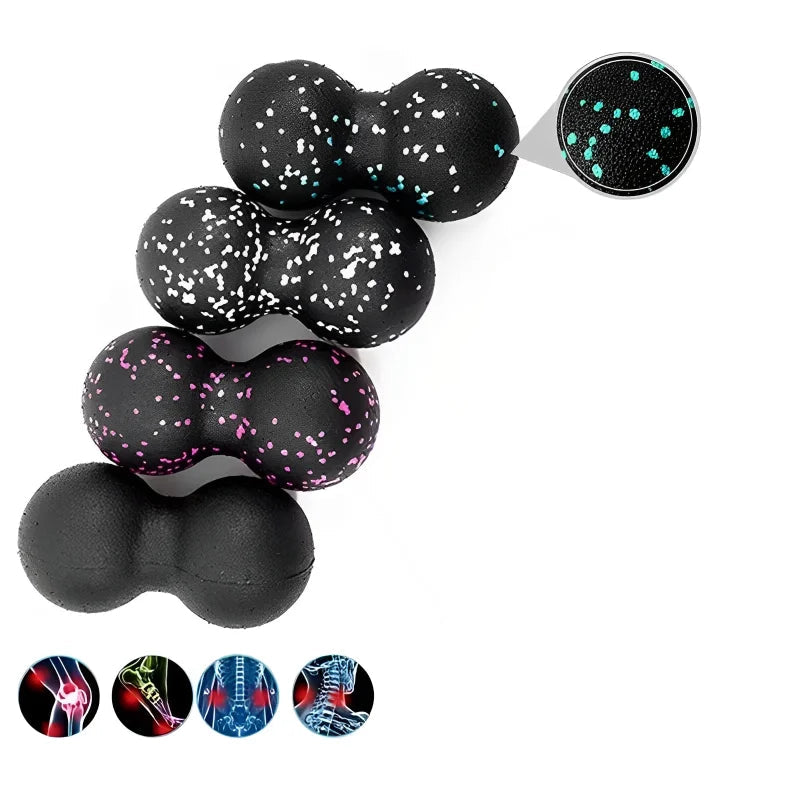Black massage ball with colorful speckles and a woman using it on her shoulder.